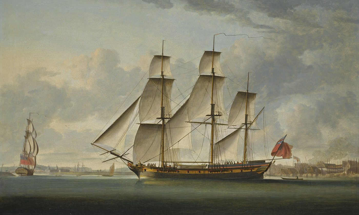 Painting of the three-masted merchant ship Delaford under sail, by Robert Dodd, 1787