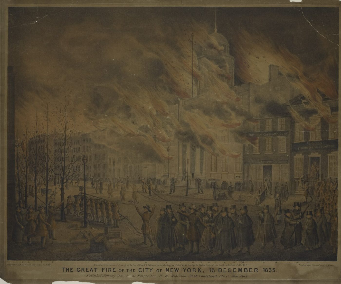 Period print of crowds watching the Great Fire of New York burn through the business district, December 1835