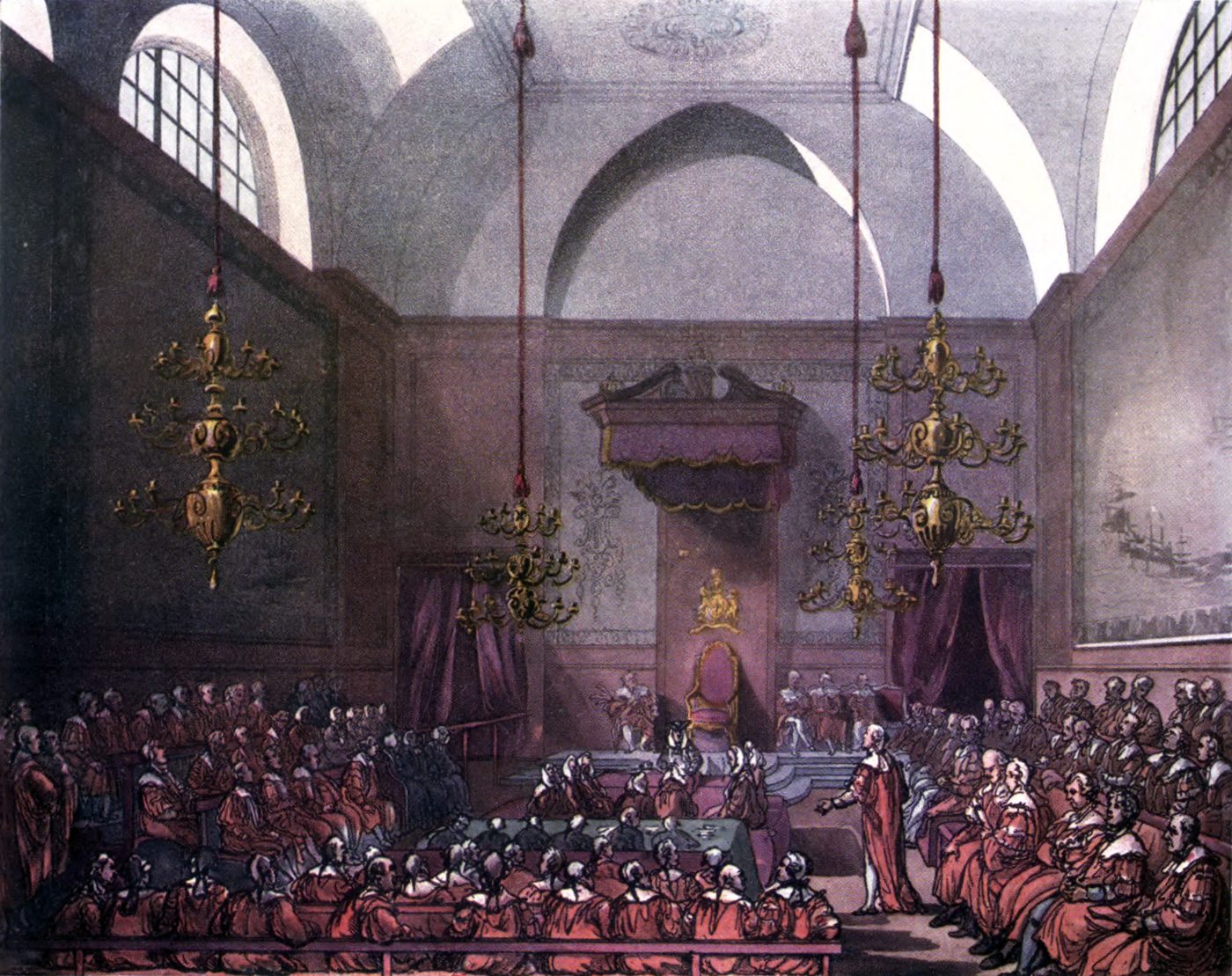 Hand-colored print of the House of Lords in session, 1809