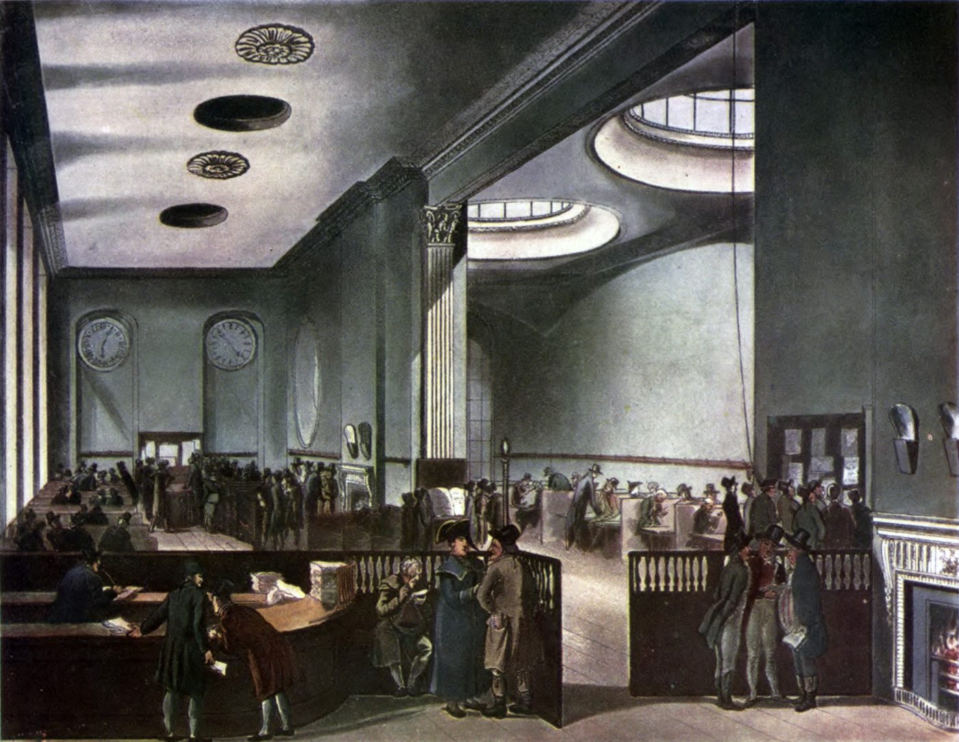 Hand-colored print of merchants and underwriters in Lloyd's Subscription Room, London, 1809